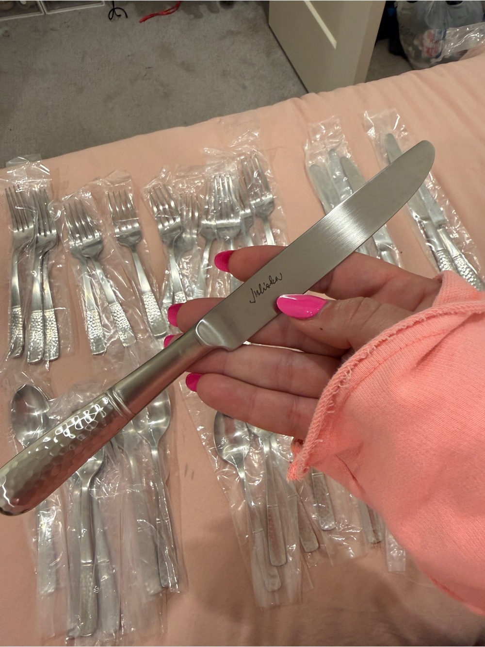 Juliska Stainless Steel Hammered Handle Silverware set of 6 5 pieces in each set